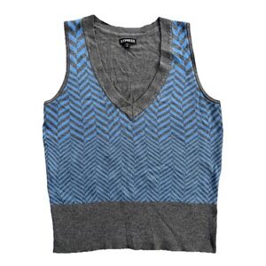 Express Gray Blue Chevron Knit Sweater Vest V Neck Size Small Preppy Academia